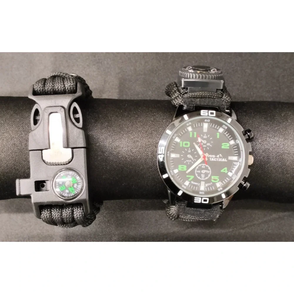 Pro-4 Tactical Survival Watch Paracord Whistle Compass Fire Starter Black #W5143